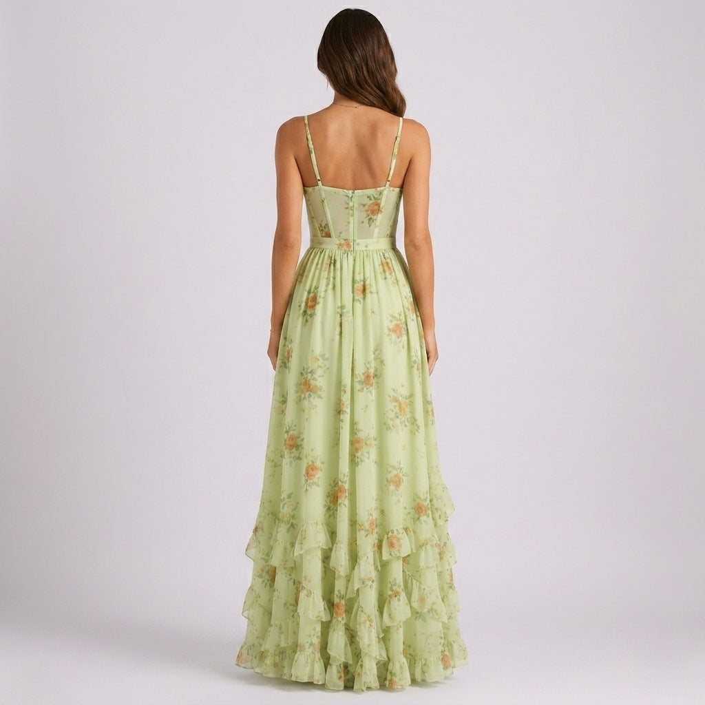 Blue Floral Corset Maxi Dress Wedding Guest