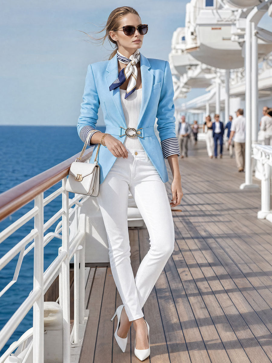 Simple And Elegant Striped Long-sleeved Blue Belted Blazer