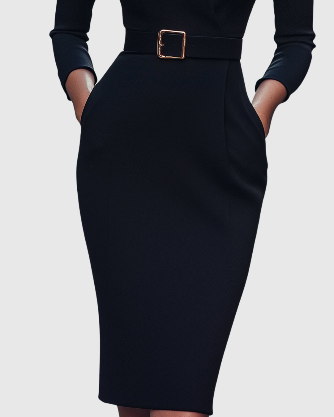 Women's Elegant Mock Wrap Midi Dress with Flattering Belt