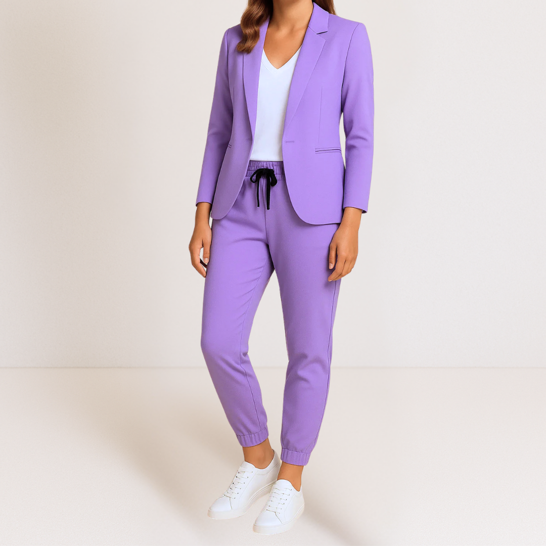 Slim Classic Blazer and Jogger Coordinated Set for Women, view 3 - Elena Harper