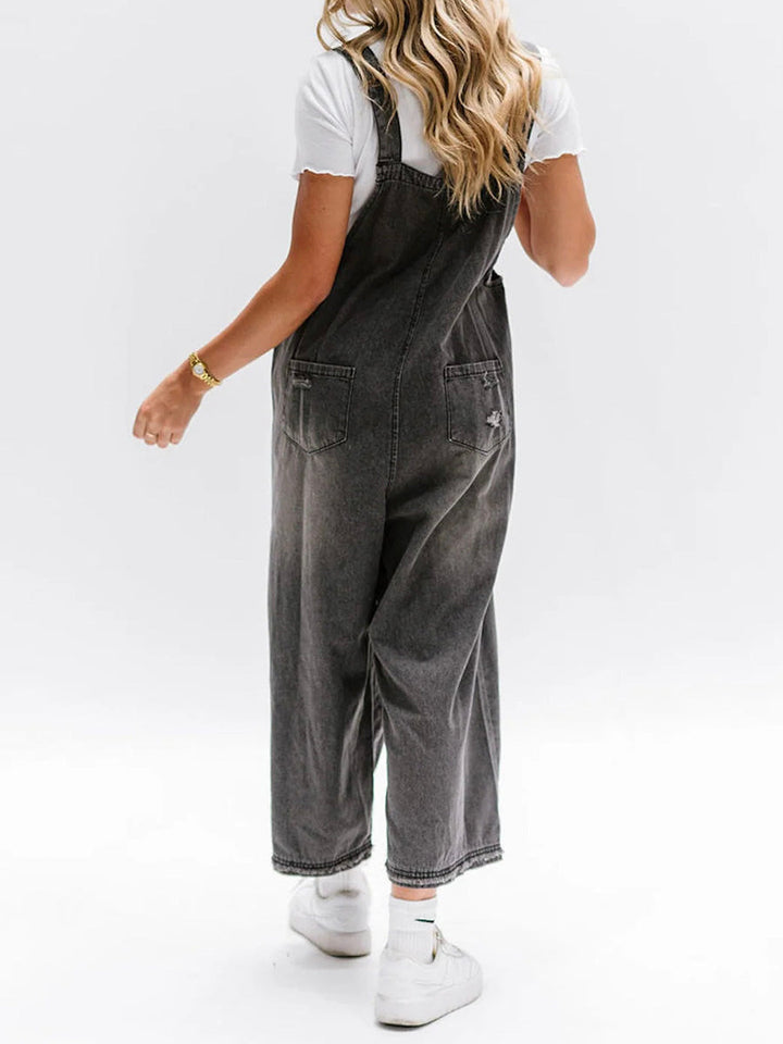 Elessa Loose Fit Denim Overalls in Worn Look, view 10 - Elena Harper