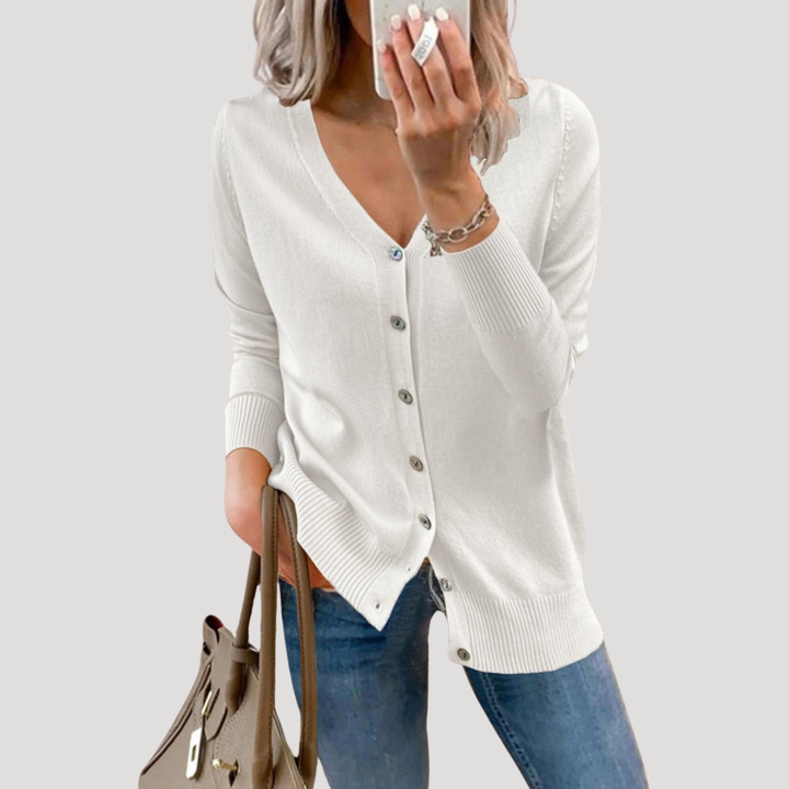 Women's V-Neck Knit Cardigan with Ribbed Cuffs