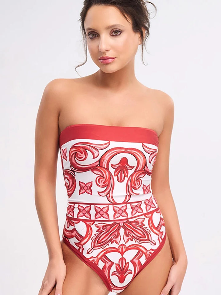 Ethnic Print One-Piece Swimsuit Set