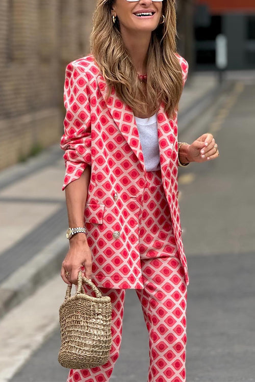 Women's Geometric Print Double Button Blazer & Flare Pants Set