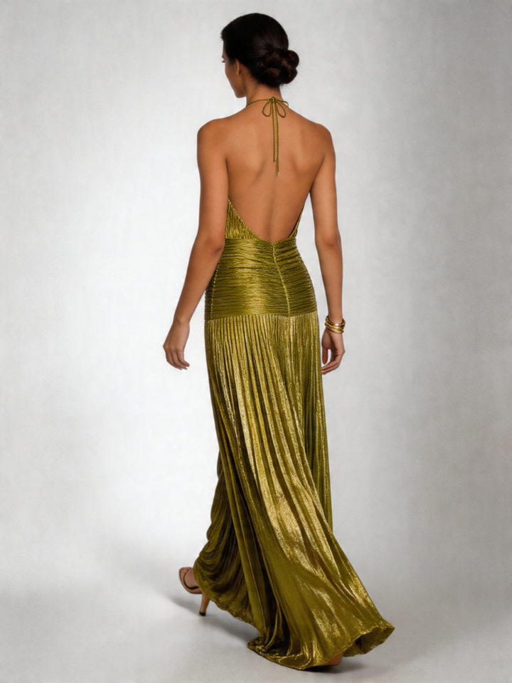 Women's Elegant Halter Neck Pleated Maxi Dress with High Slit