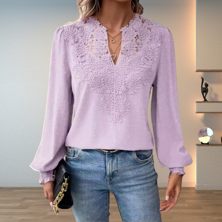 Lillian | Ladies V-Neck Long Sleeve Floral Detail Blouse Top