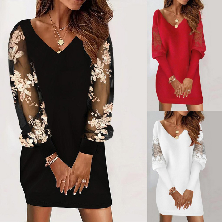 Éléonore Elegant Mini Dress with Embroidered Lace Sleeves - Elena Harper