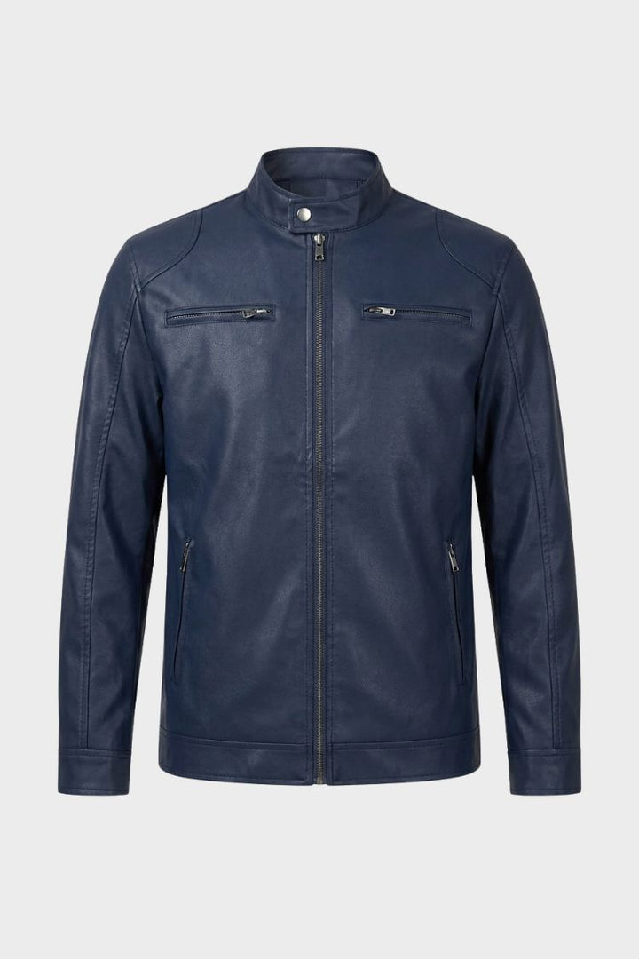Men's Biker Jacket Stand Collar & Zipper Pockets, view 5 - Elena Harper