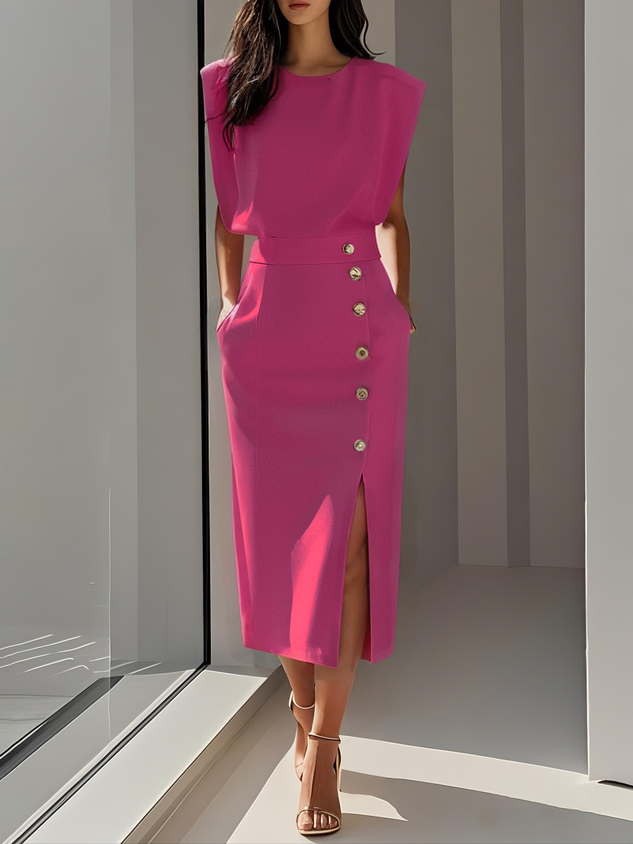 Emma | Ladies Button Detail Sleeveless Midi Dress