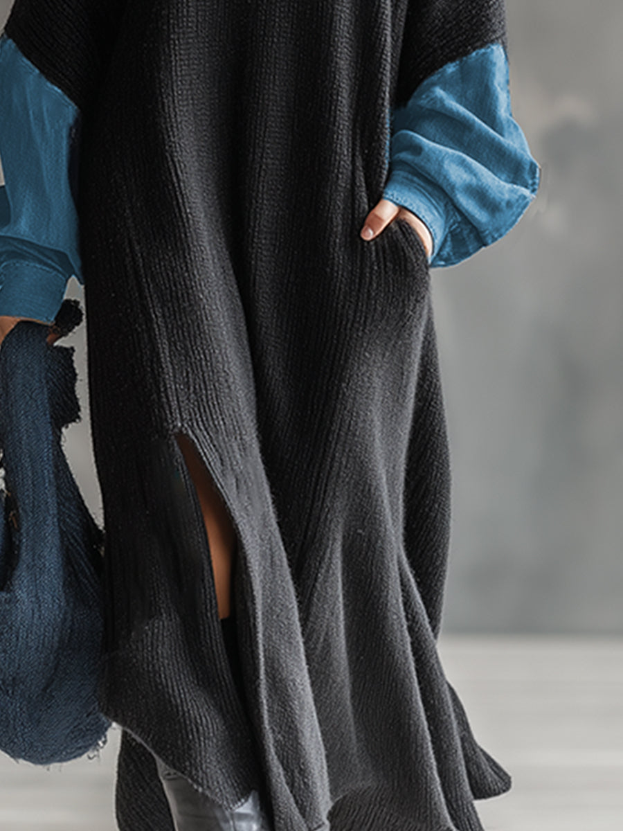 Fashionable Casual Black Knitted Denim Trim Maxi Dress