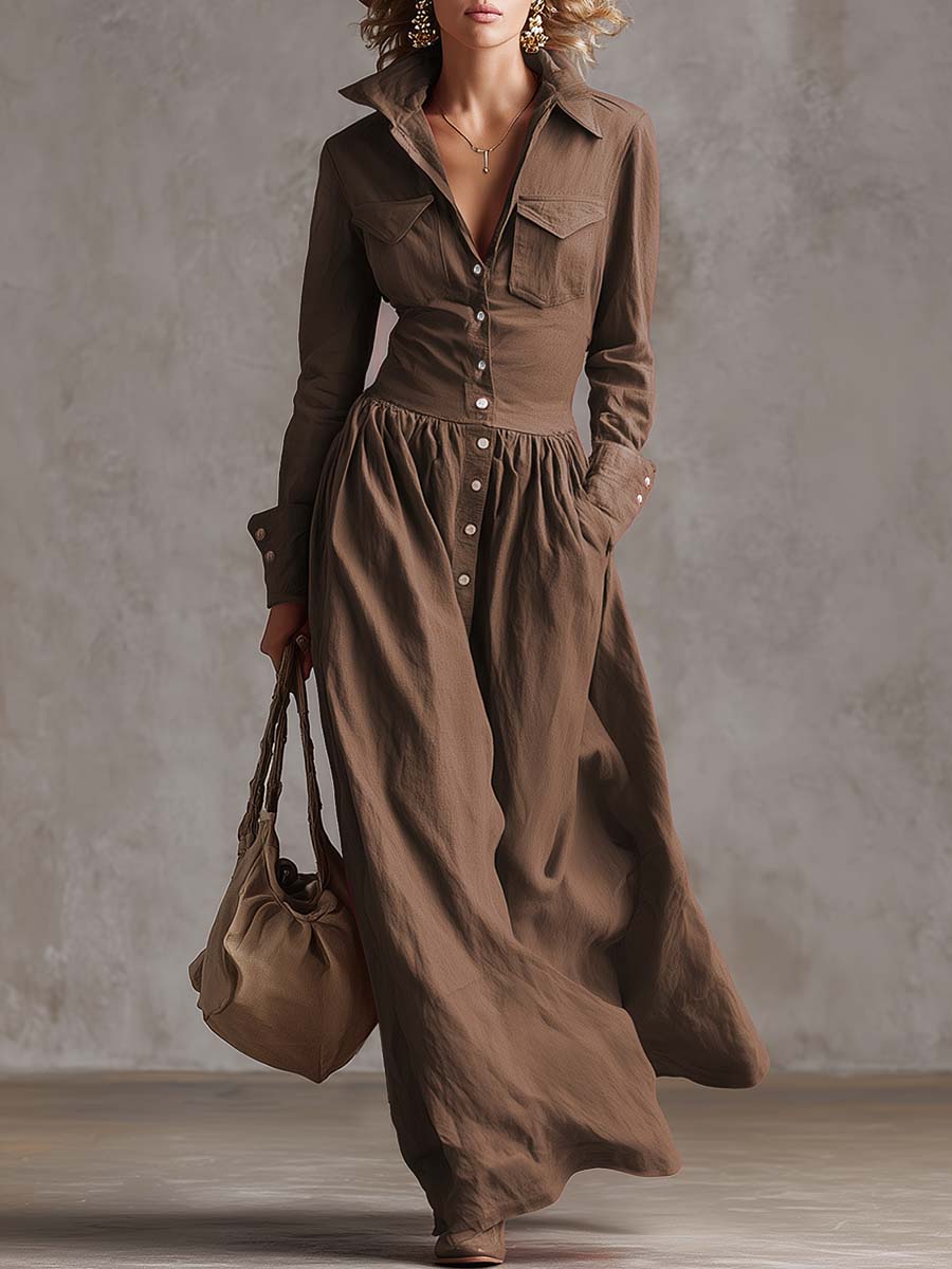 Exquisite Retro Western Lapel Front Button Red Windbreaker Style Cotton And Linen Maxi Dress