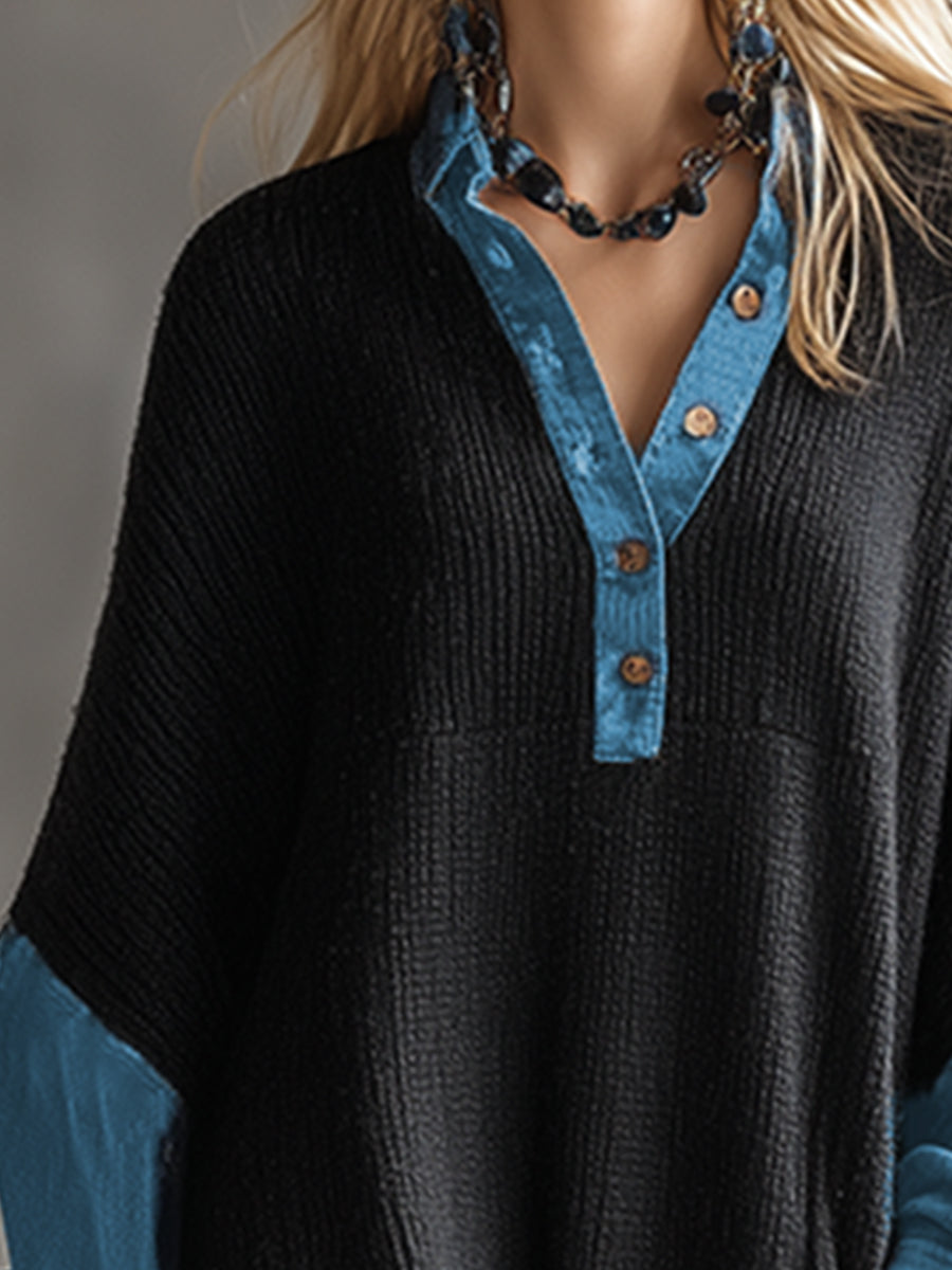 Fashionable Casual Black Knitted Denim Trim Maxi Dress