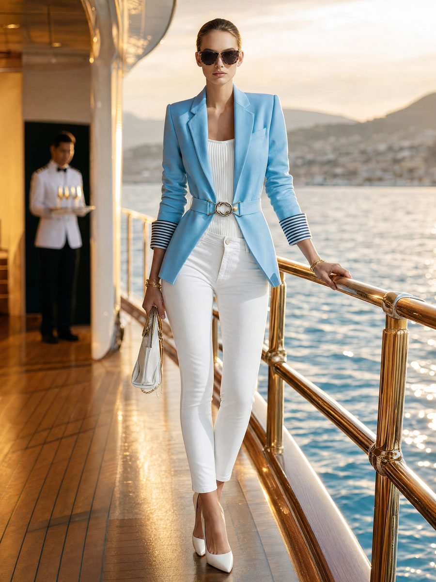 Simple And Elegant Striped Long-sleeved Blue Belted Blazer