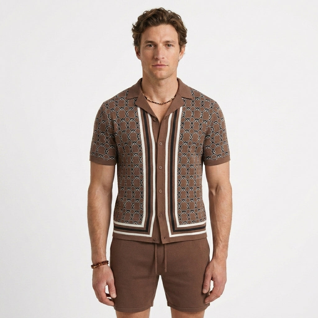 Jacquard Knit Set with Cuban Collar