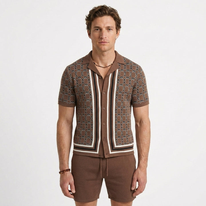 Jacquard Knit Set with Cuban Collar