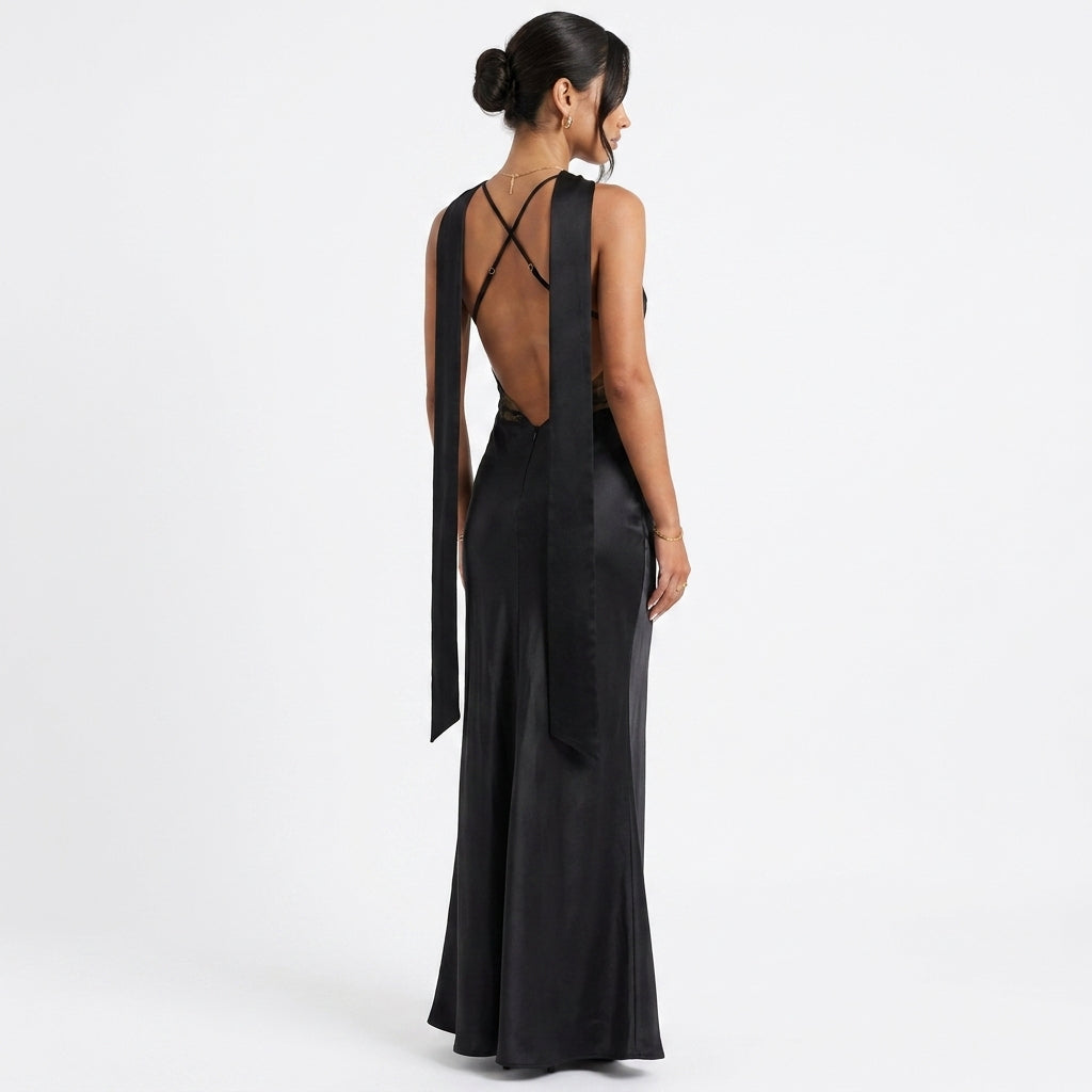 Black Cowl-Neck Wedding Guest Evening Dress