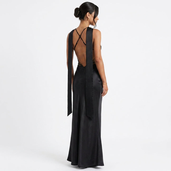 Black Cowl-Neck Wedding Guest Evening Dress