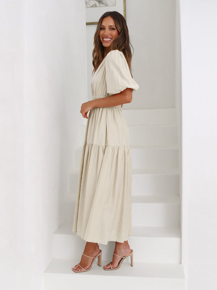 Flattering Flared Maxi Dress for Wedding Guests Elegant Puff Sleeves, view 4 - Elena Harper