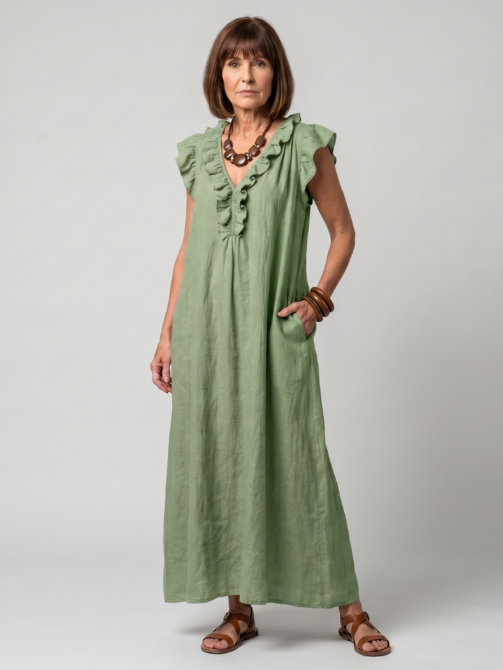 Women's Sleeveless Ruffle Trim Midi Dress - Flowing & Comfortable