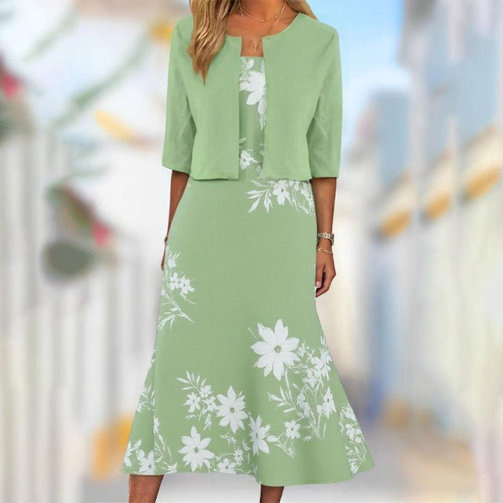 Unique Blue Plant Print Midi Dress With Jacket - Elena Harper