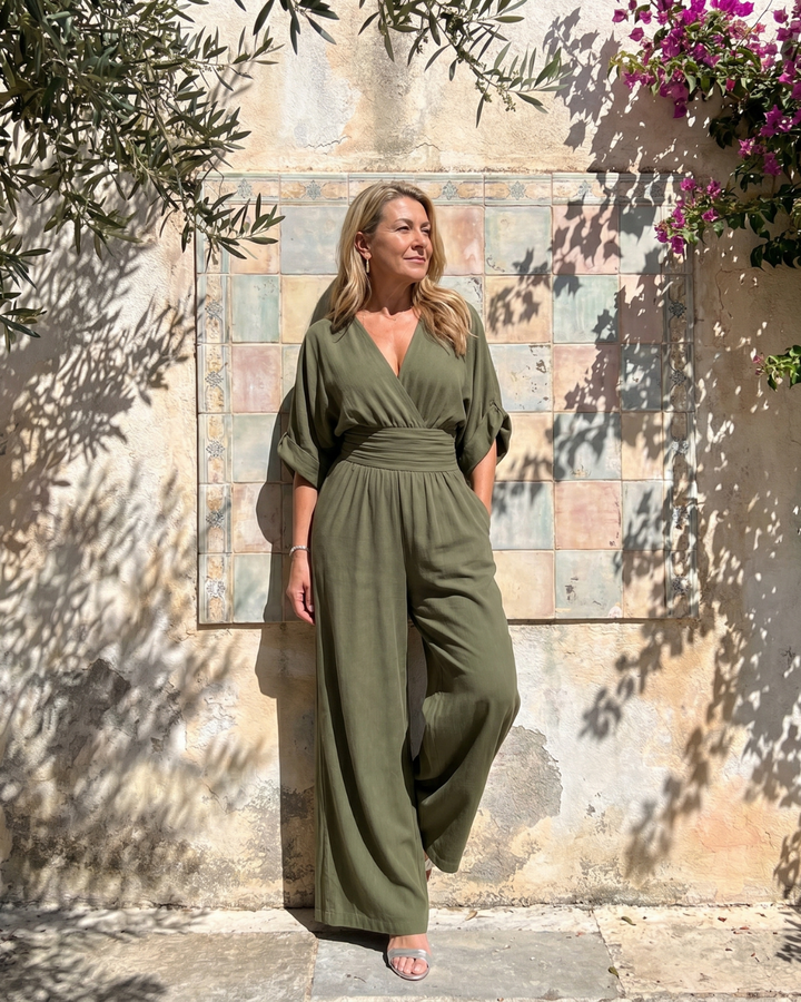 Emene Draped V Neck Wide Leg Relaxed Jumpsuit - Elena Harper