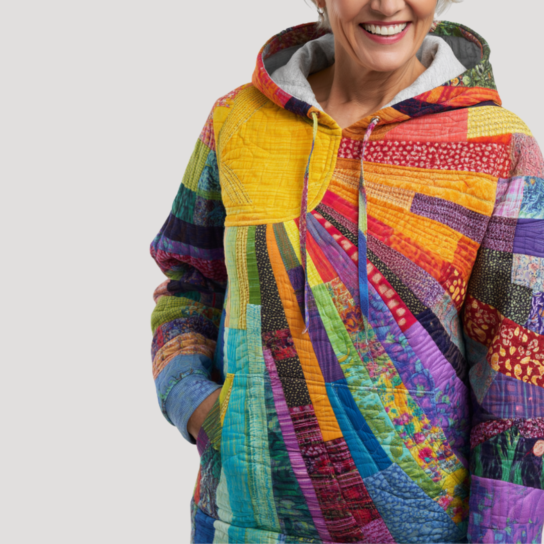 Women's Hooded Sweater with Patchwork Effect