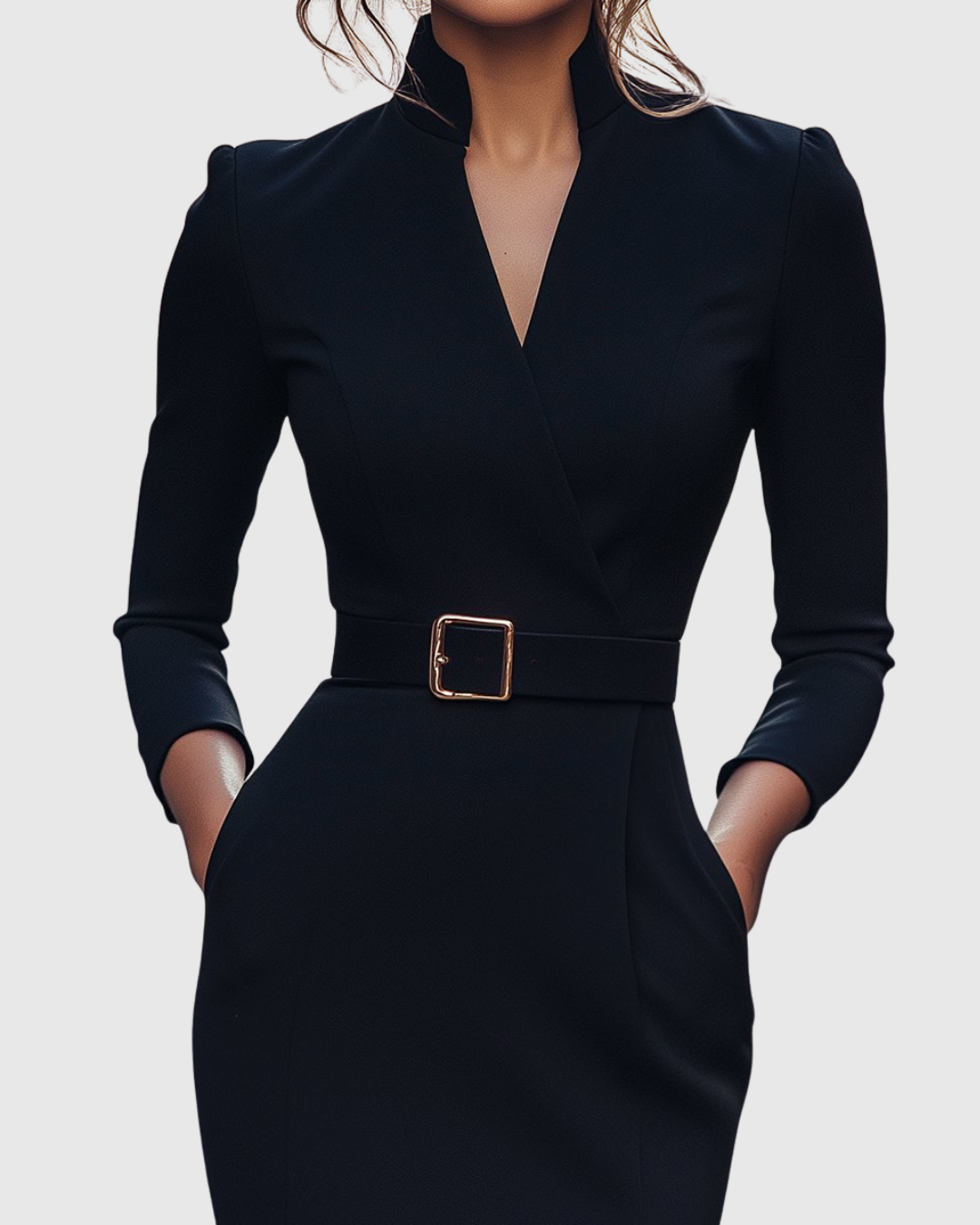 Women's Elegant Mock Wrap Midi Dress with Flattering Belt