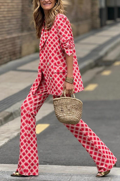 Women's Geometric Print Double Button Blazer & Flare Pants Set