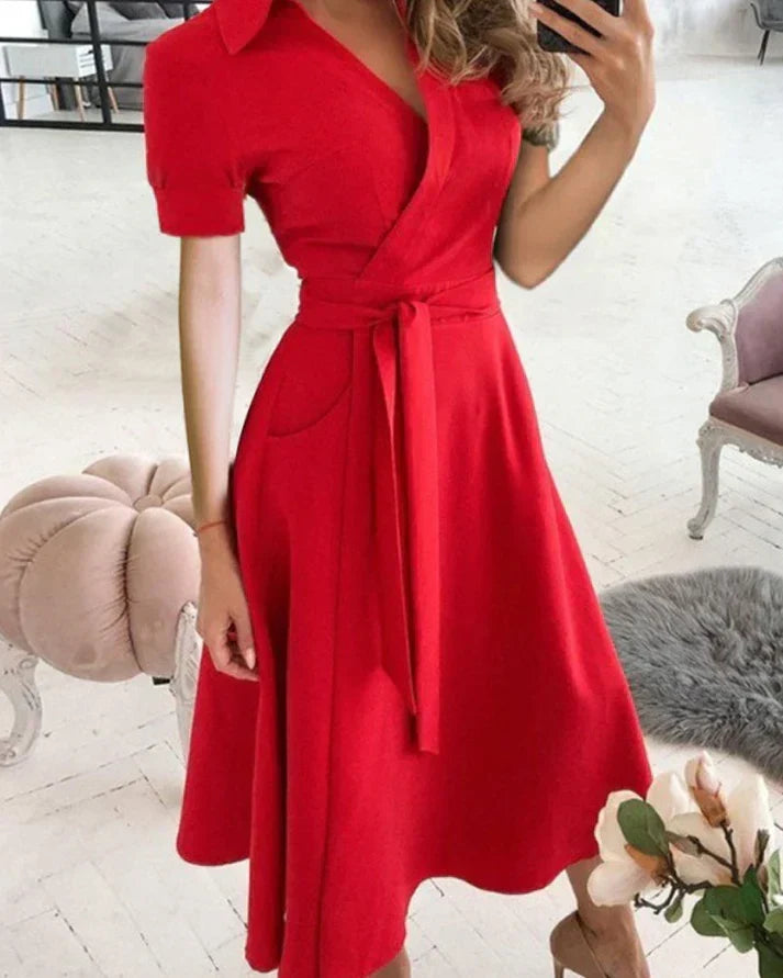 Women's Elegant V-Neck Midi Dress for Sophisticated Style