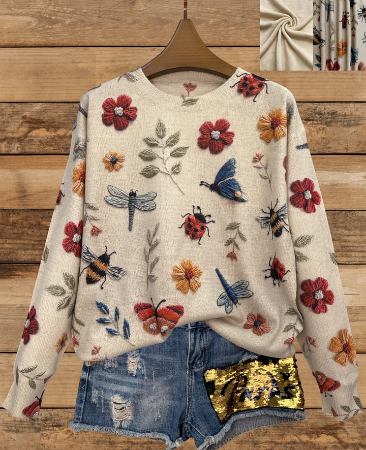 Lesa Pullover with Flower and Insect Pattern, view 8 - Elena Harper