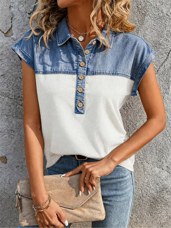 Haily Casual Denim Top with Patchwork Collar and Short Sleeves, view 5 - Elena Harper