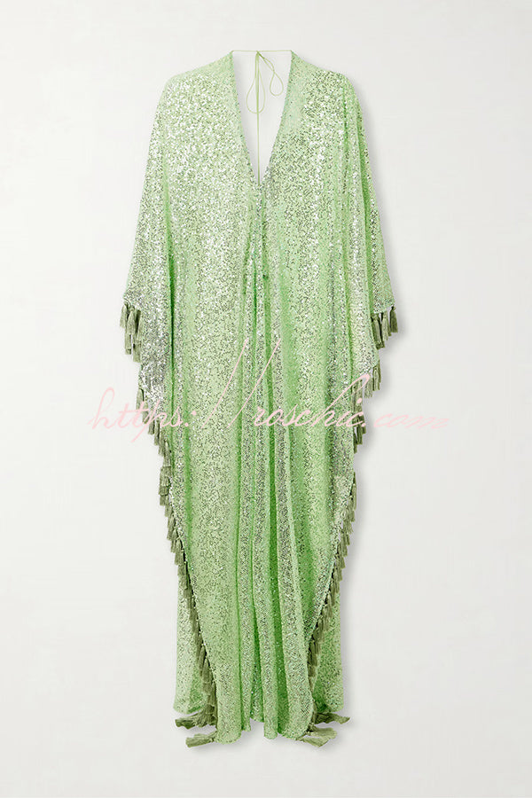 Gianna Sequin Deep V-neck Batwing Sleeve Fringed Trim Slit Gown Maxi Dress