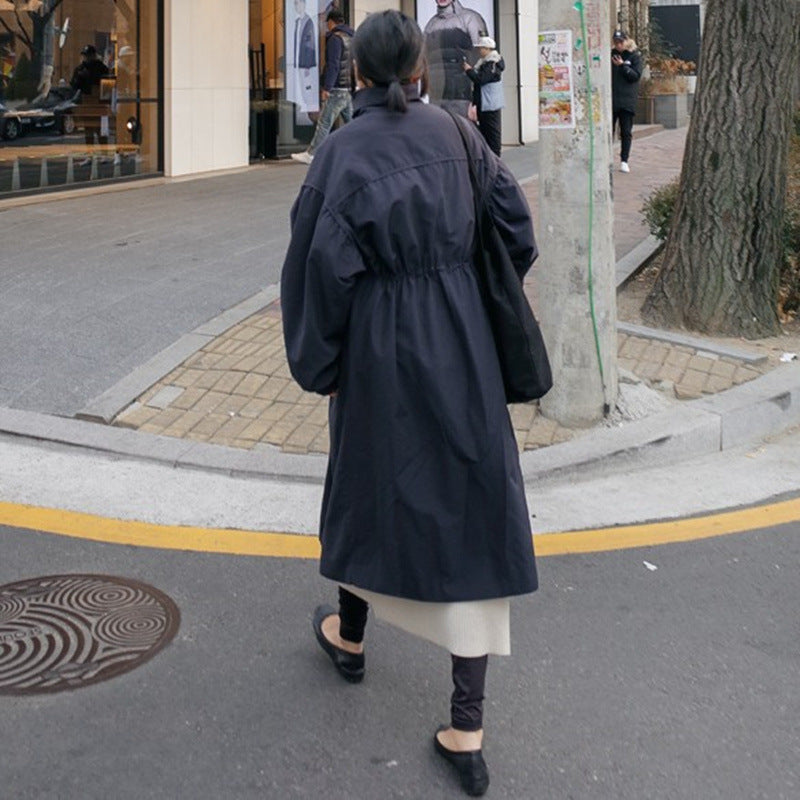 Women's Oversized Coat with Stand Collar, Drawstring, and Balloon Sleeves