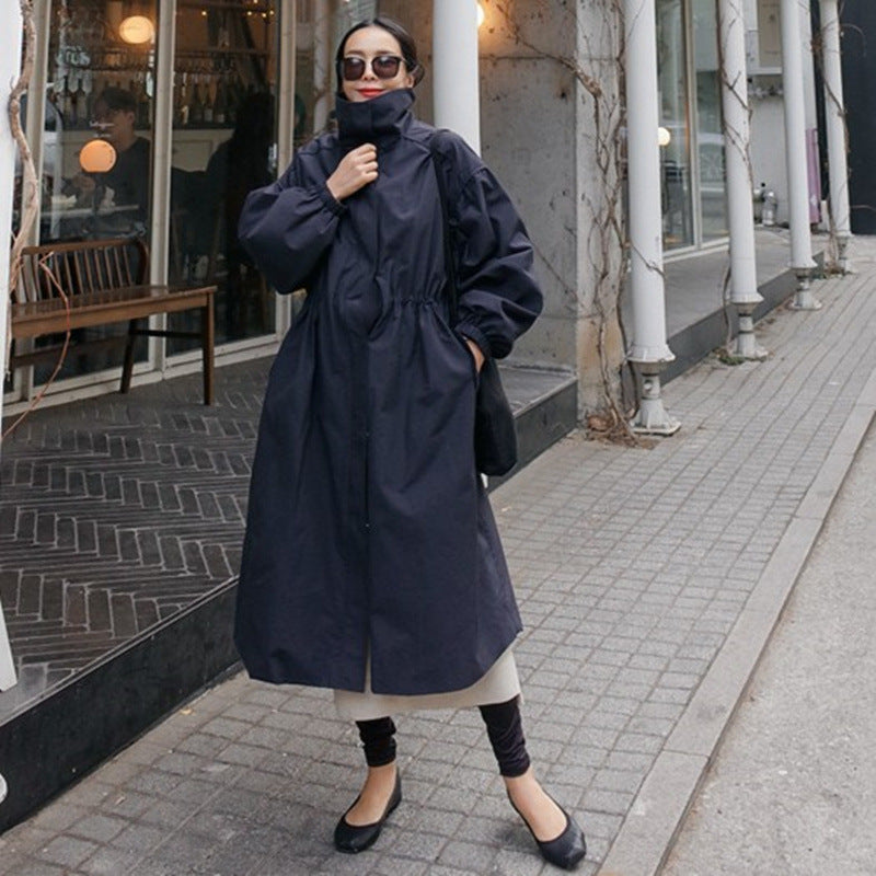 Women's Oversized Coat with Stand Collar, Drawstring, and Balloon Sleeves