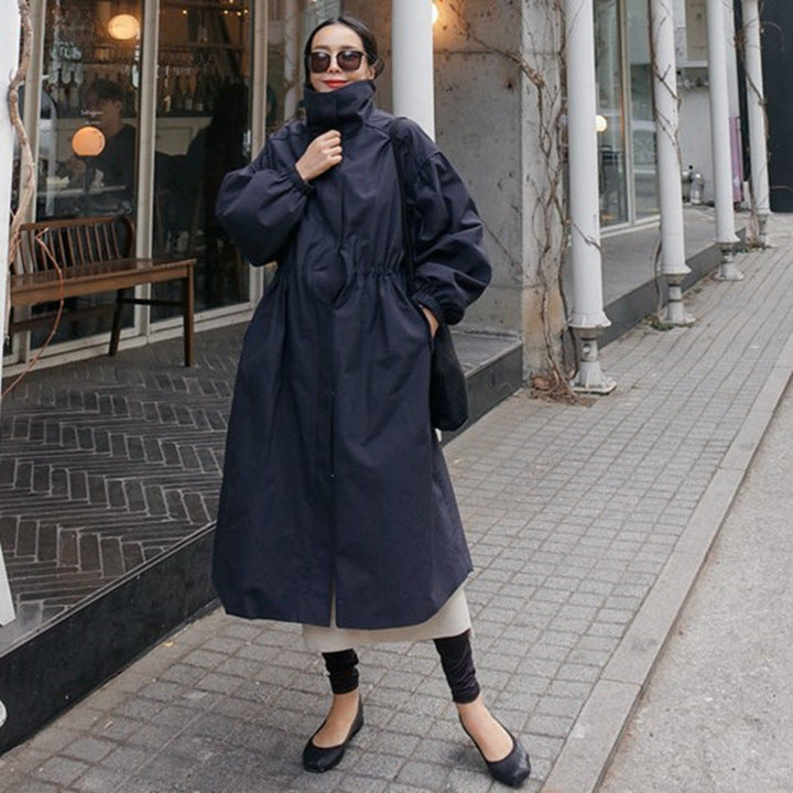 Women's Oversized Coat with Stand Collar, Drawstring, and Balloon Sleeves