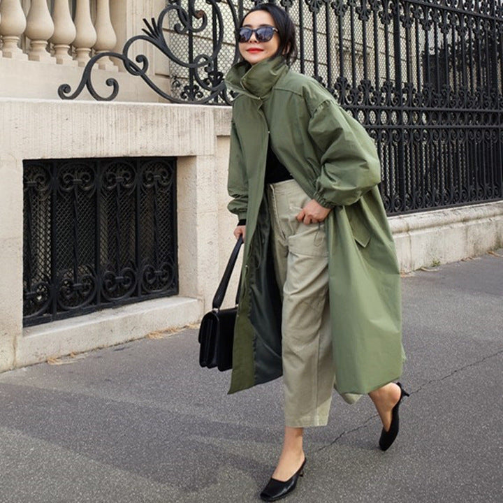 Women's Oversized Coat with Stand Collar, Drawstring, and Balloon Sleeves