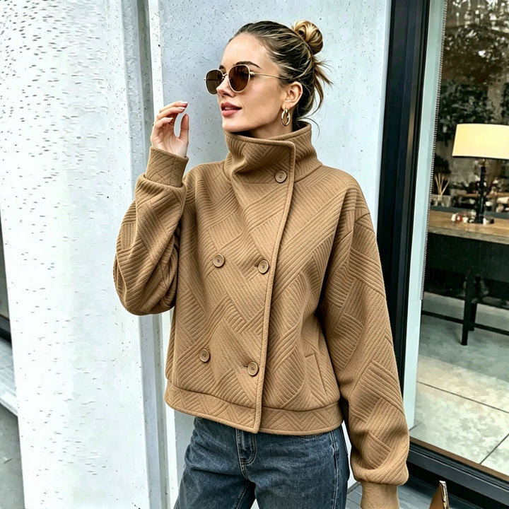 Double-breasted women's coat with high collar - Elegant and warm