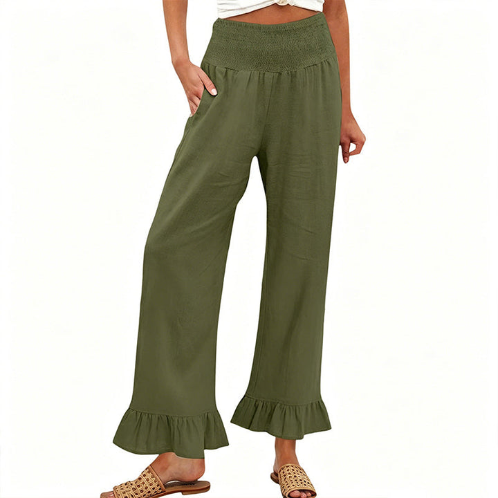 Wide Leg Women's Smocked Waist Cotton Linen Ruffled Bottom Boho Pants