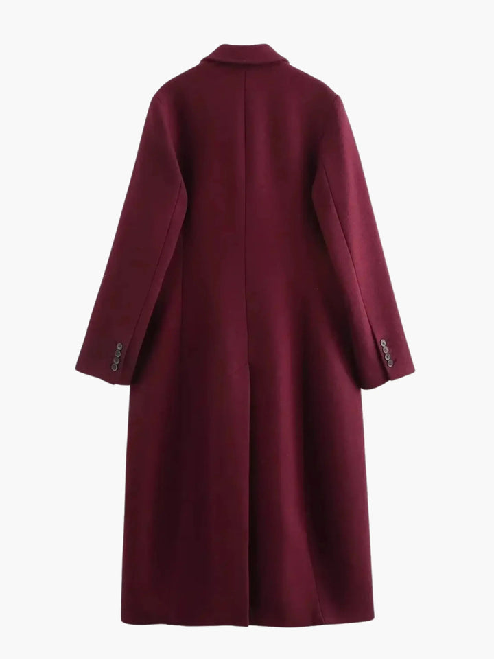 Burgundy Double-Breasted Wool Coat Bold and Sophisticated - Elena Harper