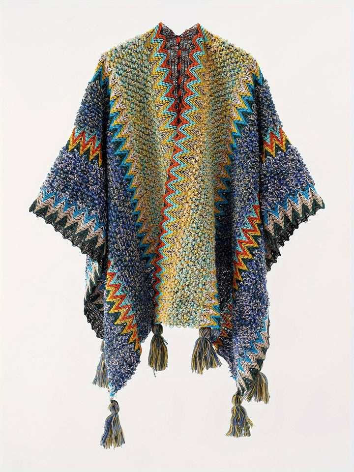 Briana Blanket with Tassels and Stripe Pattern Cape Travel Jacket, view 2 - Elena Harper