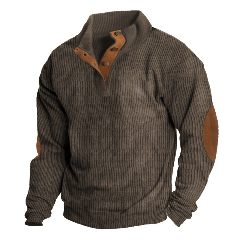 Men's Half Button Pullover Sweater with Elbow Patches