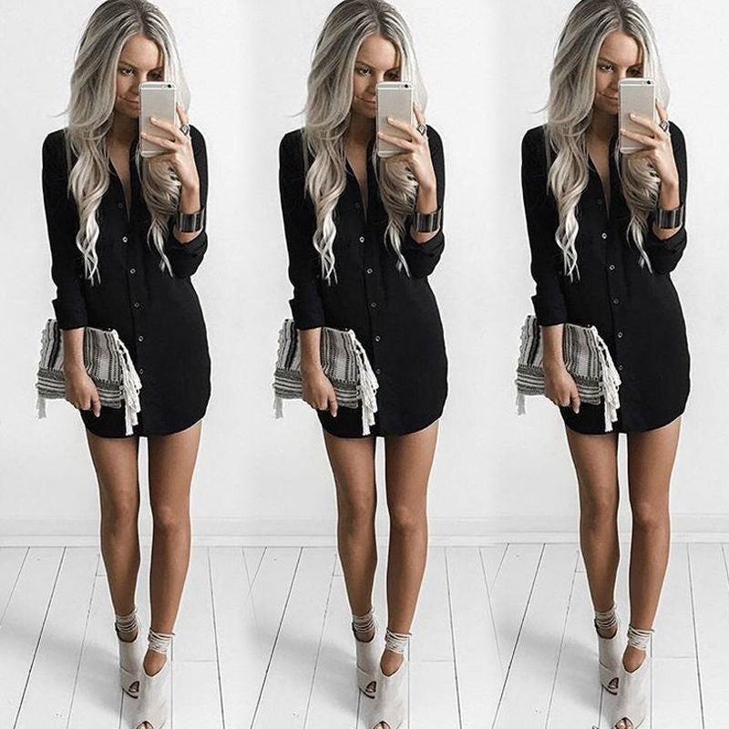 Women's Elegant Button-Down Shirt Dress with Side Slits