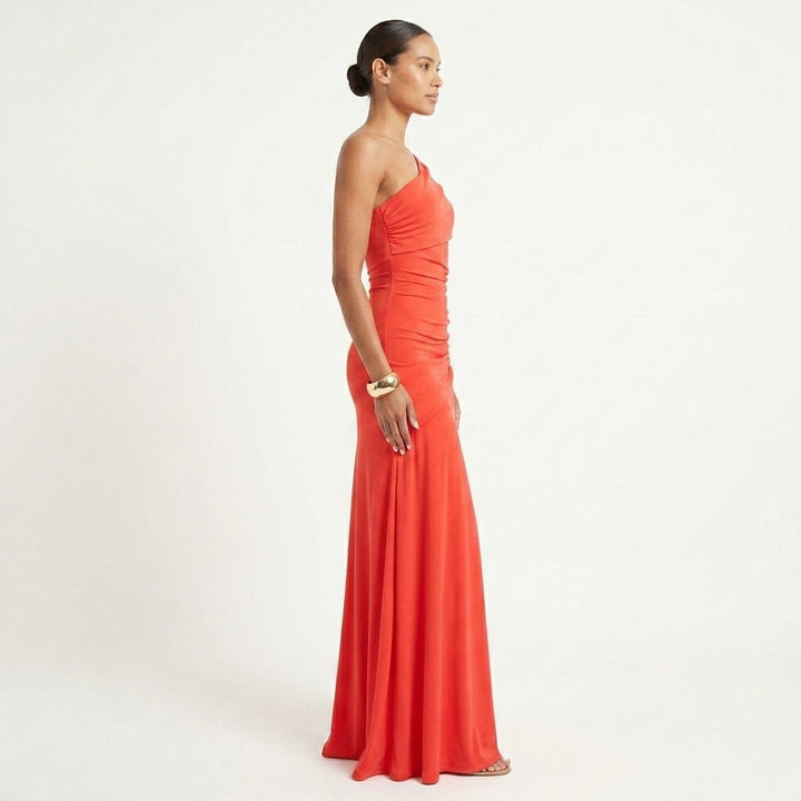 One Shoulder Asymmetric Gathered Maxi Gown Evening