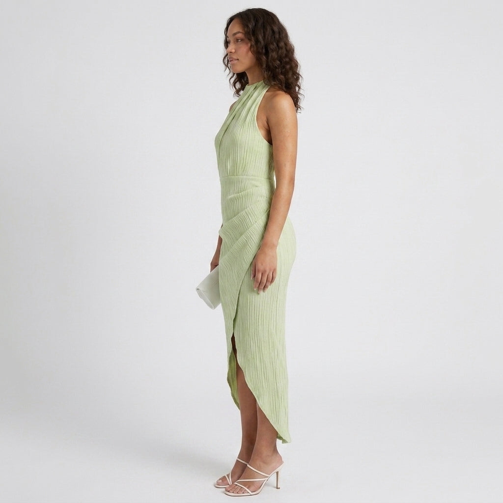 Backless Midi Dress Pleated Neckline Slim Fit Wedding Party