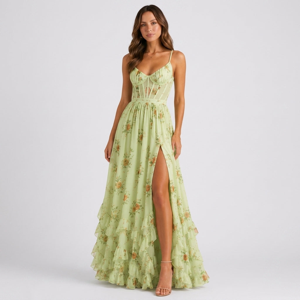 Blue Floral Corset Maxi Dress Wedding Guest