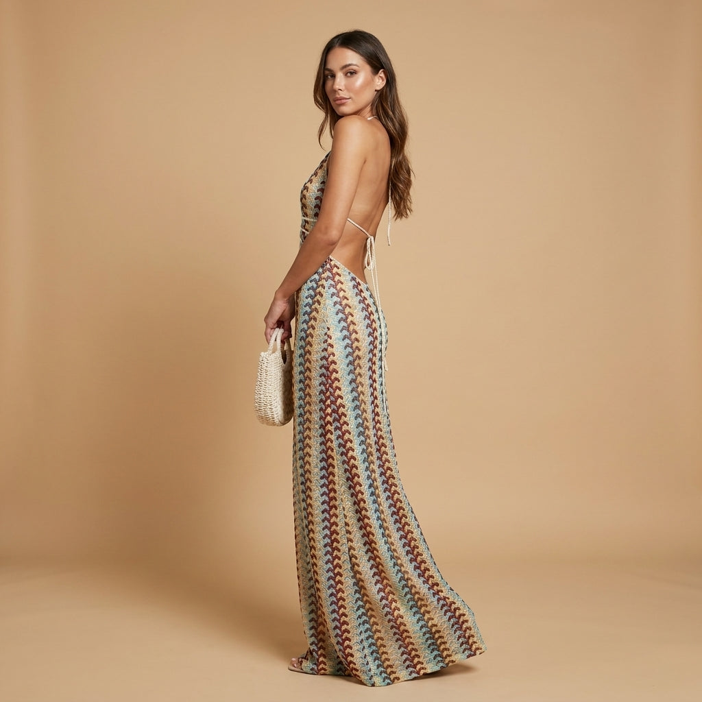 Boho Halter Maxi Dress Multicolour Print Backless