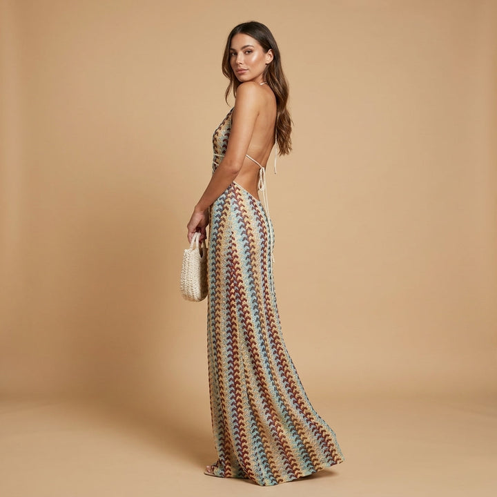 Boho Halter Maxi Dress Multicolour Print Backless