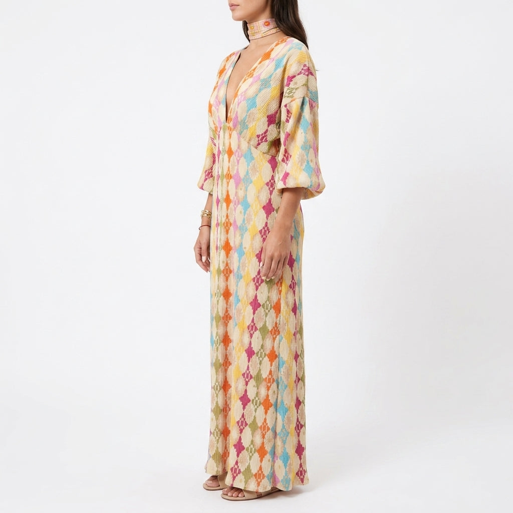 Multicolour Print Balloon Sleeve Maxi Dress