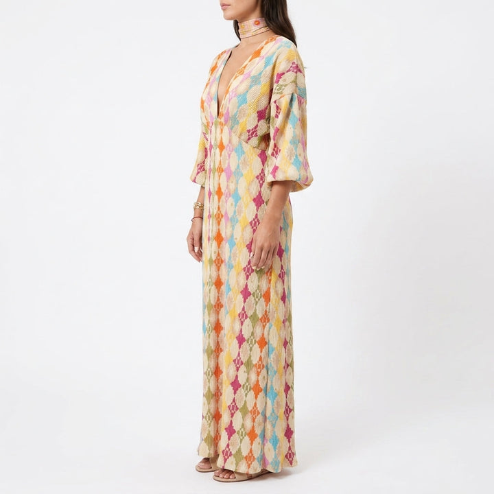 Multicolour Print Balloon Sleeve Maxi Dress