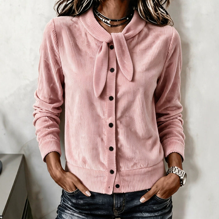 Women's Buttoned Sweater with Velvet Bow - Soft and Refined
